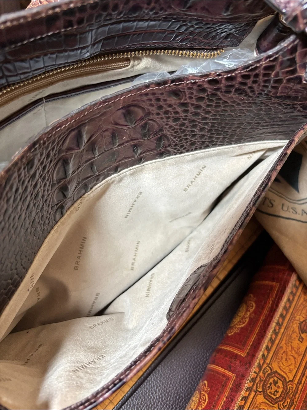 Brahmin Croc-Embossed Leather Shoulder Bag in Dark Brown w Burgundy Tones
